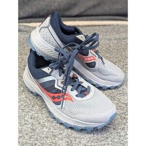 Saucony Women's Trail Running Shoes - Light Gray & Navy with Coral Accent